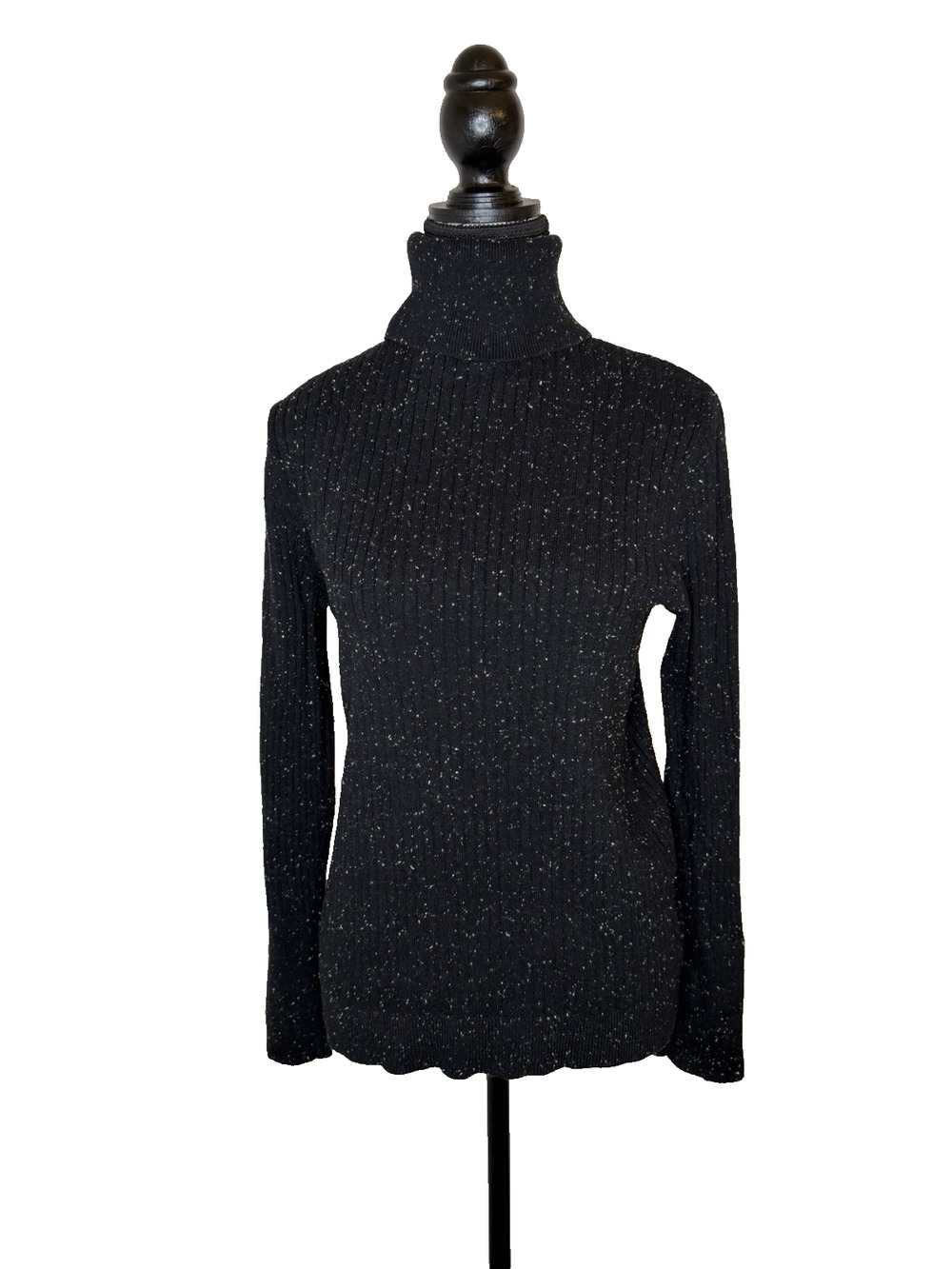 Talbot’s Women’s T-Neck Sweater Med Black Flecked Pattern Ribbed Stretch